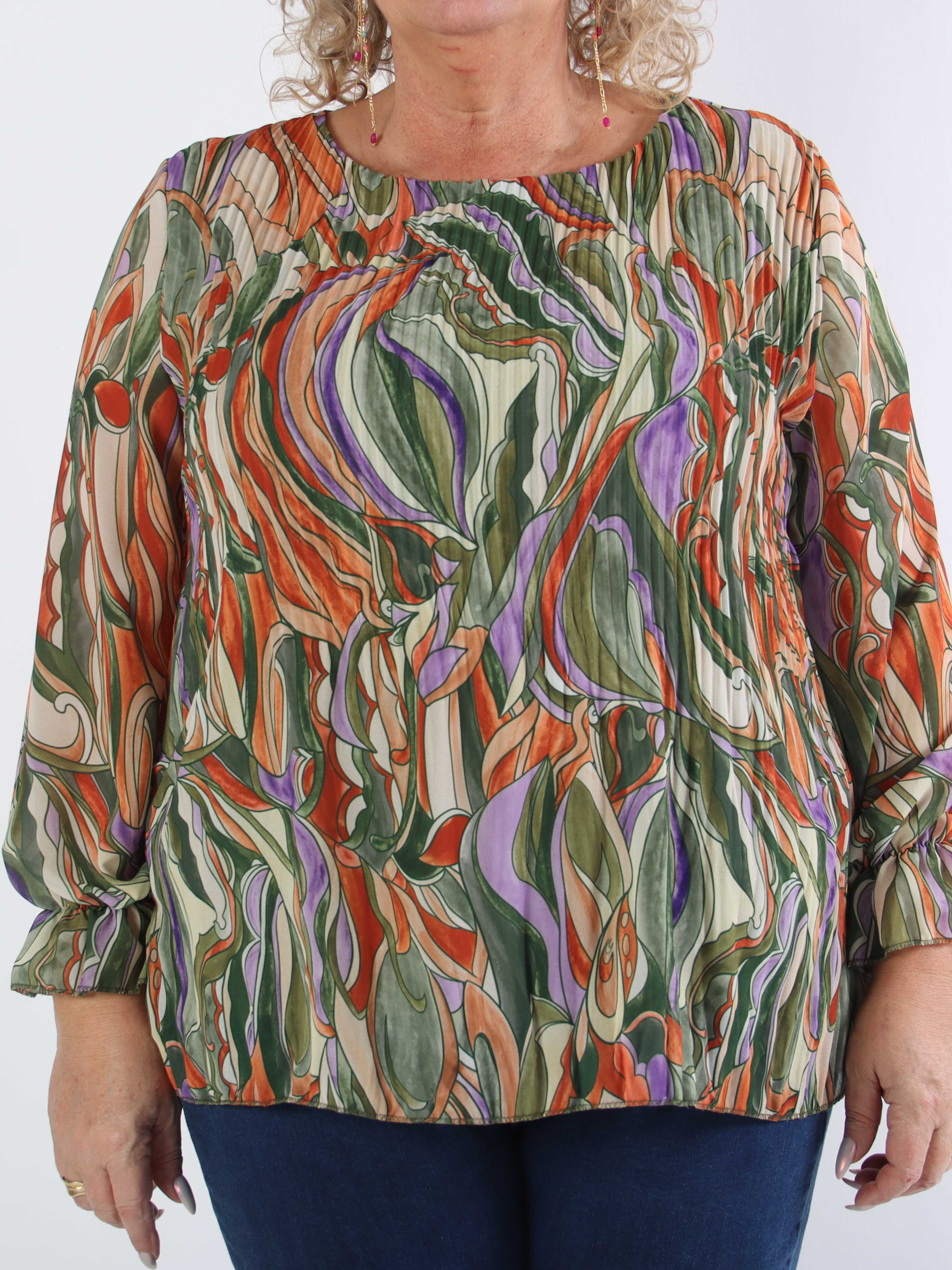 Lilia - Mønstret plisseret plus size bluse